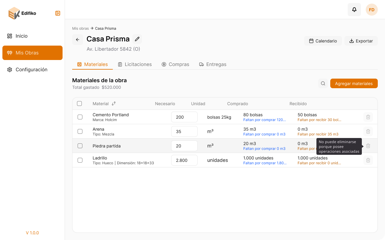 Dashboard de materiales de una obra en Edifiko
