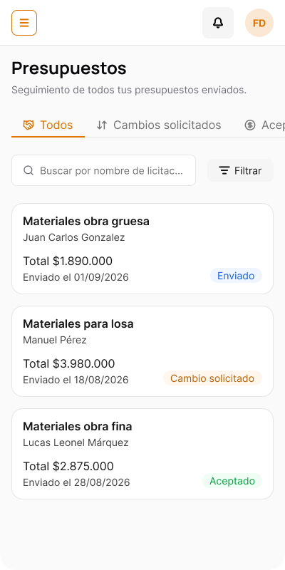 Vista móvil de presupuestos para proveedores en Edifiko